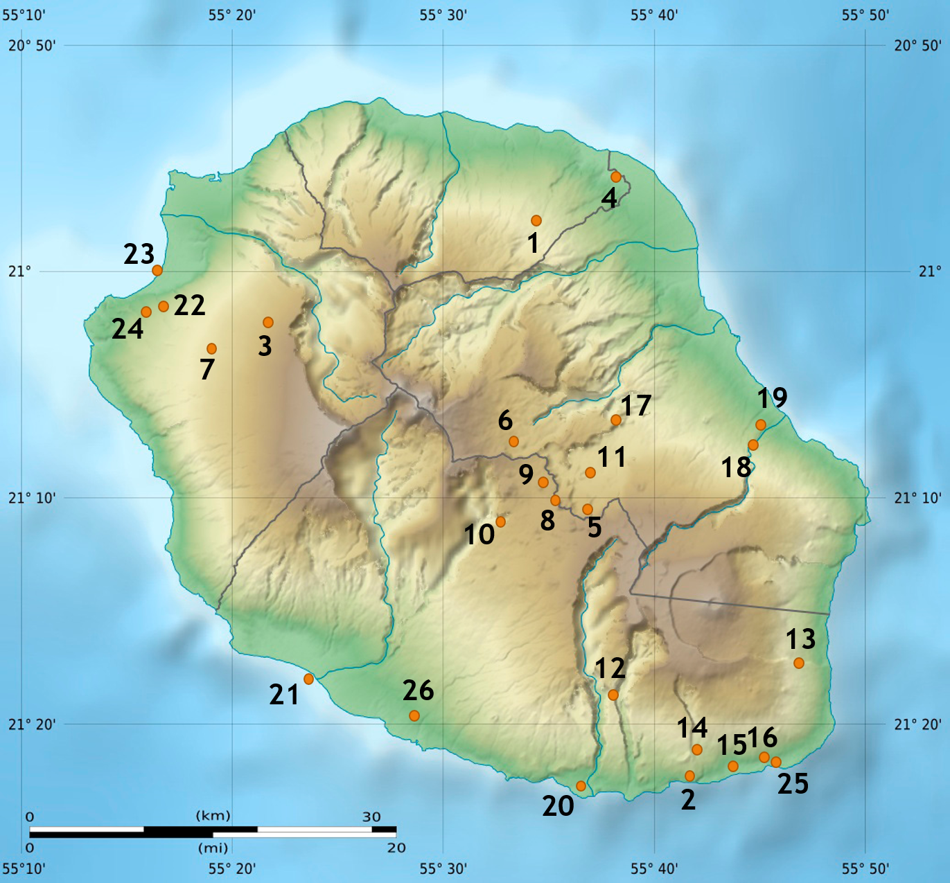 Map & sampling sites at La Réunion of forensically important flies