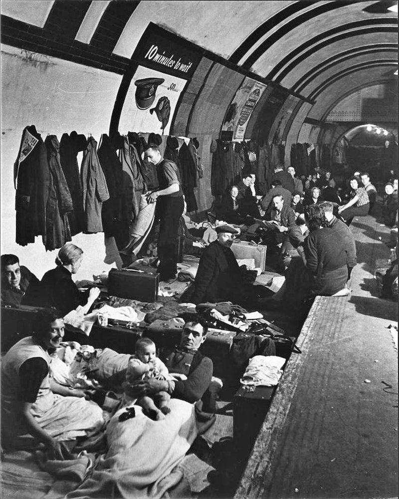 An air raid shelter in a London Underground station during World War II